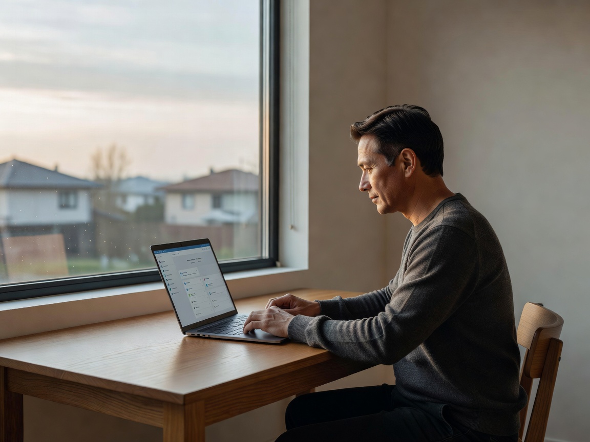 Adult sitting at a desk by a window, checking system settings on a laptop