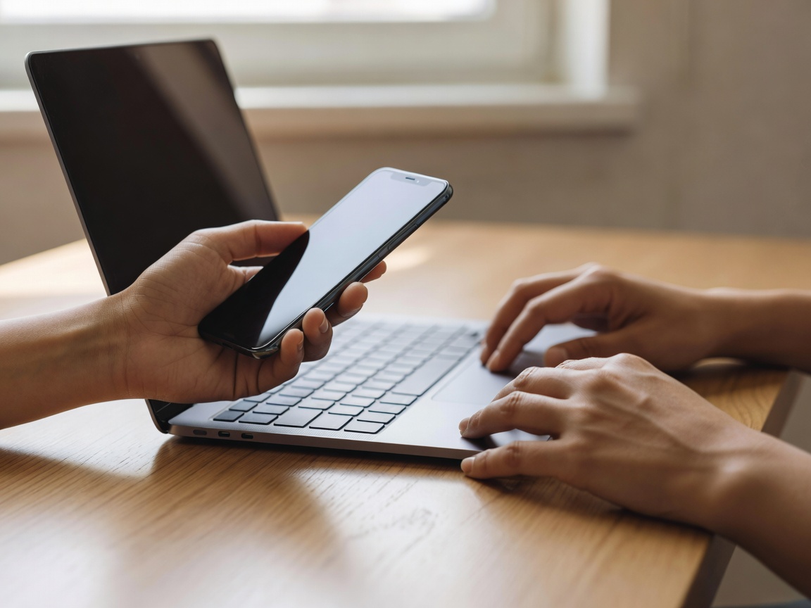 Adult hands holding a smartphone next to an open laptop on a desk in natural window light