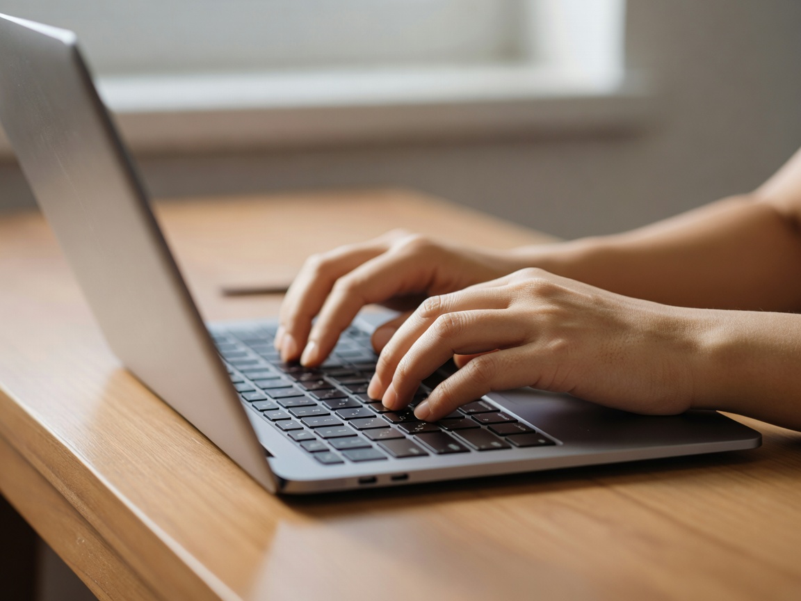 Adult hands typing on a laptop at a wooden table in soft natural daylight