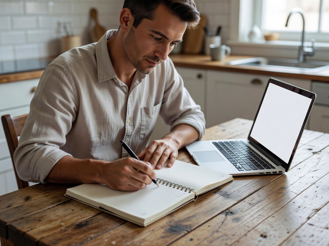 Adult writing a plan in a paper notebook beside an open laptop on a kitchen table in daylight
