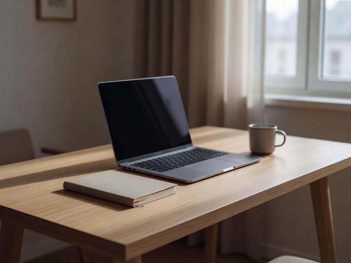 Quiet home workspace with a laptop, notebook and mug beside a window with natural light