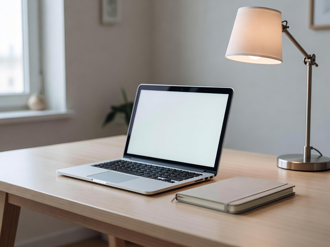 Tidy desk with a laptop, reading lamp and notebook in a quiet room lit by daylight