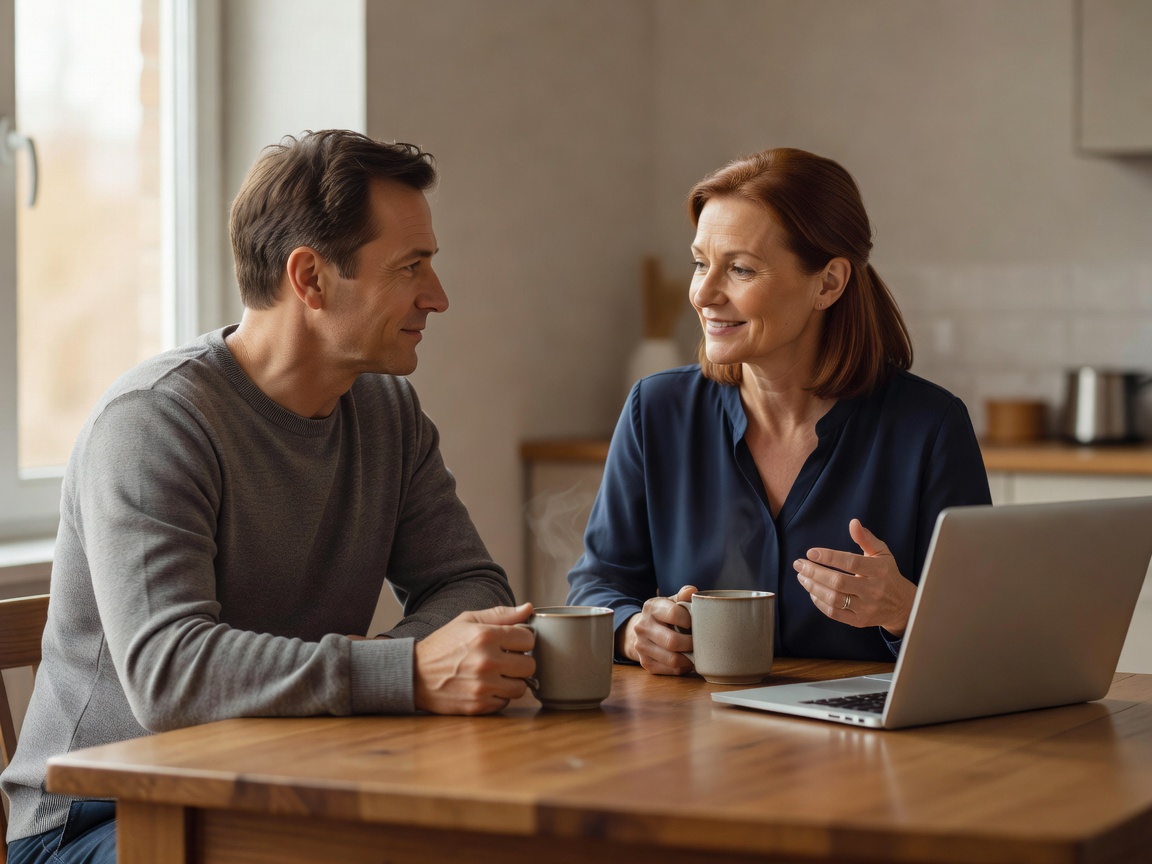 Two adults talking calmly at a kitchen table with mugs, a closed laptop beside them in daylight